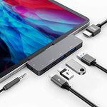 USB C Hub for iPad Pro M4 M2 M1 2024-2018,6in1 USB C Hub with 4K HDMI,3.5mm Jack,2 USB3.0,60W PD,USB-C 3.0 Data,Dock for iPad Air 4/5/6,MacBook Pro