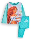 Disney The Little Mermaid Girls Pyjama Set | Kids Princess Long Sleeve Long Leg Graphic PJs in Blue | An Ocean of Dreams Glitter Print with Mermaid Tail Bottoms | Movie Film Merchandise Gift