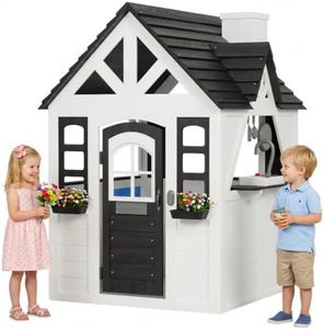 Aoxun Kids Outdoor Playhouse with Play Kitchen,Wooden Play House Playset Outdoor for Kids with Pet Door,Snack Bar,Doorbell, Flower Pots,Stove,Sink,Clock,Toddler Outside Playground for Garden,Backyard