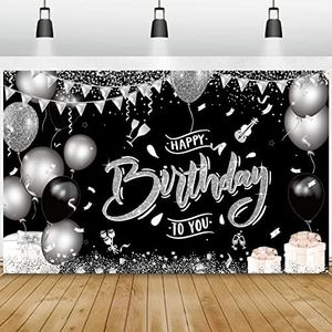 GRESATEK Pancarta de Feliz Cumpleaños de Plata Negra, Fondo de Cumpleaños Decoración de Fiesta Hombres Damas Fiesta de Cumpleaños Pancarta de Cumpleaños de Gran Tamaño Fondo de Cabina de Fotos