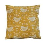 Scandinavian birds cushion cover. Modern ochre mustard yellow with birds and geometric floral design. 17"x17" (45cm) Square Pillow Case. Handmade in the UK from 100% Cotton.