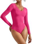 SUUKSESS Women Long Sleeve Bodysuit Sexy V Neck Thong Body Suit Shirts Top for Fall (Hot pink, M)