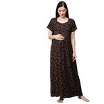 MomToBe Women's Cotton Blend Maxi Maternity Nighty/Feeding Nighty/Pregnancy Night Gown/A-Line Nursing Nighty with Zippers for Nursing Pre and Post Pregnancy - (2001mtbbrnflrfn-Free_Brown_Free Size)