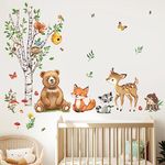 decalmile Woodland Animals Birch Tree Wall Decals Bear Fox Deer Wall Stickers Baby Nursery Kids Bedroom Living Room Wall Decor