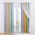 NICETOWN Rainbow Curtains for Kids - Star Cut Out Double Layer Blackout Curtains with Voile Thermal Privacy Protection for Nursery Bedroom Living Room, 2 Panels, W52 x L84 Inch (132x213 cm),Rainbow