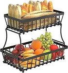 Koksi 2 Tier Fruit Storage Basket Countertop for Kitchen, Bread Vegetable Fruit Basket Bowl Stand Detachable Metal Rectangular Wire Basket, Black