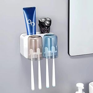 Hushnow Toothbrush Holder Wall Mounted for Bathrooms, 2 Cups Tooth Brushing Holder with Storage Tray