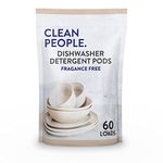 Clean People All Natural Dishwasher Pods - Cuts Grease & Rinses Sparkling Clean - Residue-Free - Phosphate Free Dishwashing Pods - Fragrance Free, 60 Pack