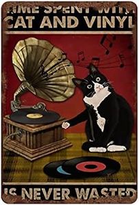 Cat Tin Sign Time Spent with Cat and Vinyl is Never Wasted Tuxedo Cat Decor Art Prints Funny Cat Wall Art Home Decor Classical Music Tin Sign Fun Tin Sign for Men Women 8x5.5 Inch