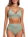 Bsubseach Womens Two Piece Bikini High Waisted Swimsuit Tummy Control Solid Color Bathing Suits Green XS