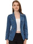 Allegra K Jean Blazer for Women's Lapel Notch Collar Long Sleeve Denim Jacket, Denim Blue, L