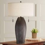 Noah Modern Farmhouse Rustic Style Table Lamp 31" Tall Hammered Bronze Brown Vase Oatmeal Drum Shade Decor for Living Room Bedroom House Bedside Nightstand Home Office Entryway - Franklin Iron Works