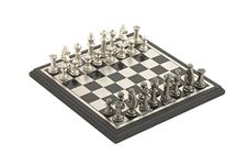 Deco 79 Aluminum Chess Game Set with Black and Silver Pieces, 12" x 12" x 1", Black