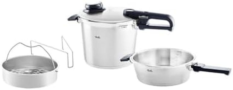 Fissler Vitavit® Premium Pressure Cooker plus Pressure Skillet with perforated insert, 22cm/6.0L + 22cm/2.5L (set of 4 pcs) 18/10 Stainless steel