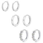 Sterling Silver Hoop Earrings for Women, 3 Pairs S925 Silver Small Hoops Earrings Cubic Zirconia Daisy Huggies Earrings for Women Girls Jewellery Gift, 6/8/10mm