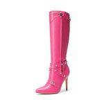 DREAM PAIRS Women's Metallic Stiletto Heeled Knee-High Boots, Fashion Thigh High Pointed Toe Dress Boots with Stud and ZipperTassel, Hot Pink, 9