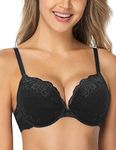 WingsLove Women's Push up Bra Floral Lace Padded Underwire Bra Demi Plunge (Black 36C)