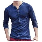 Mens Distressed Henley Shirts Front Placket Retro Long Sleeve Tee Shirts V Neck Casual Button Up Washed T-Shirts Blue