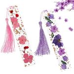 Bookmarks for Women with Tassels NOCHME 2 Pack Epoxy Resin Dried Brightly Colour Real Flower Book Mark with Gold Sprinkles, Unique Transparent Page Reading Marker for Lady Girls,pink and purple