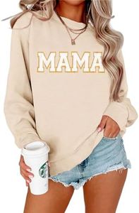 BOUTIKOME Mama Sweatshirt Women Funny Letter Print Mom Life Long Sleeve Crewneck Pullover Shirt Blouse Tops, Beige, Medium