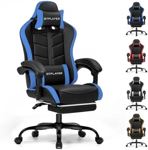 GTPLAYER Gaming Chair with Footrest, Computer Gaming Chair for Adults and Kids, Height Adjustable Gamer Chair with 90-155° Recline & Removable Headrest Lumbar Support (Black-Blue)