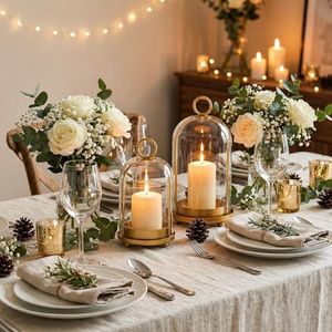 Glass Dome Candle Holders Set of 2, Antique Brass Metal Pillar Candle Holder, Hanging or Tabletop Hurricane Candle Holder for Home Decor, Farmhouse & Centerpiece (5.2” & 4.1”)