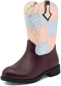 rosyclo Kids Cowboy Boots for Boys Girls, Western Boots Embroidered Faux Leather Cowgirl Wide Width Ankle Boot Round Toe Mid Calf Riding Shoes for Little Big Kid, Dark Brown Rainbow