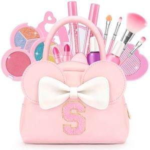 Kids Real Makeup Kit for Girls - 18Pcs Non-Toxic Washable Make Up Toys with Initial Toddler Purse - Personalized Birthday Gifts for Age 3 4 5 6 7 8 9 10 Years Old Girls Vanity Set - S