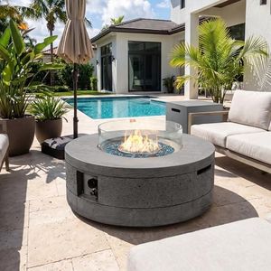 UPHA 38-inch Outdoor Patio Propane Gas Fire Pit Table 50000 BTU Concrete Round Firepit with ABS Tank Hidden Table, Wind Guard, Blue Glass Rocks, Rain Cover, Gray Wood Finish