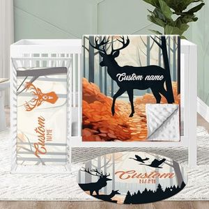 KAINSY Personalized Crib Bedding Set, 3 Pcs Custom Name Baby Crib Sets, Double Layer Nursery Bedding Set, Orange Woodland Deer Baby Bedding Crib Set for Boy Girl, Customized Gift for Infants Toddlers