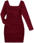 WDIRARA Girl's Square Neck Long Sleeve Ruched Bodycon Dress Casual Dresses Pure Burgundy 8-9Y