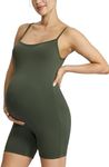 POSHDIVAH Women's Maternity Spaghetti Strap Bodysuit Shorts Pregnancy Bodycon Jumpsuit Sleeveless Tank Top Romper Shapewear Green Medium