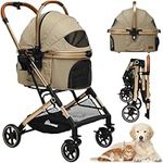 YITAHOME Pet Stroller 3-in-1, One-Click Foldable Cat Dog Stroller, Dog Pushchair, Dog Pram with Detachable Carrier Storage Basket Cup Holder, Car Seat, Dog Buggy (Khaki)