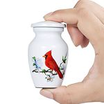 ICOKEE Red Cardinal Bird Small Keepsake Urn for Human Ashes or Pet Ashes - Aluminum Mini Cremation Urn for Ashes - White Memorial Ashes Holder - Qty 1- with Velvet Bag