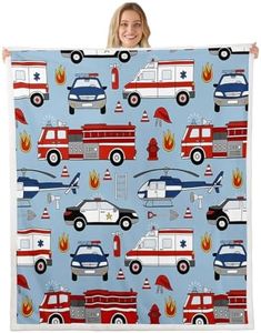 Feelyou Cartoon Police Car Fleece Throw Blanket - Red Fire Truck Sherpa for Kids Boys Toddler with Fire Extinguisher - Airplane Fuzzy Plush for Sofa Bed Couch, Queen 90x90 Inches