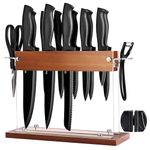 Gourmetop Kitchen Knife Set with Block 15 pcs, Kitchen Knife Block Set with Wood Acrylic Stand, Sharp Knife Set with Sharpener, Scissors, and Peeler, Black Cooking Knives Set for Kitchen Cutting