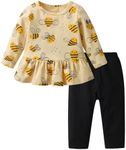 Infant Baby Girl Clothes Fall Outfit Long Sleeves Ruffle Animal Print Pullover Top Pant Outfit Set Yellow 2-3T