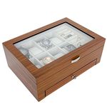 Arolly Multi-Functional Wood 8 Watch Slot Jewelry Glass Lid 2 Tier Storage Box Organizer with Valet Drawer