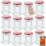 Offer Shop Glass Jam Jars with Red Gingham Lid & Labels - 280ml / 9oz Hexagonal Storage Glass Jars | Clear Airtight Jar for Kitchen Spices Honey- 12 Set