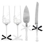 Set of 4 Wedding Toasting Flutes and Cake Server Set - Champagne Flutes and Cake Cutting Set, Bride and Groom Pearl Glasses and Cake Knives Set for Wedding Reception Engagement Gifts