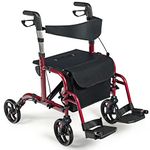 GYMAX 2 in 1 Foldable Rollator Walker, Height Adjustable 4 Wheel Transport Chair with Reversible Backrest, Detachable Storage & Umbrella Holder, Aluminum Walking Aid Assistant for Adults (Red)