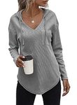 RIROW 2023 Hoodies for Women Pullover Waffle Long Sleeve Womens Tops Fall V Neck Sweatshirt Pocket Light Grey S