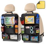 Car Backseat Organizer, 2 Pack Black Kick Mats Car Seat Back Protectors with 9 Storage Pockets+10" Touch Screen Tablet Holder for Baby Toys Book Bottle Drinks Kids Travel Accessories (Black)