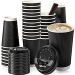 Fit Meal Prep 50 Pack 16 oz Black Disposable Coffee Cups with Lids & Stirrers, Corrugated Triple Wall To Go Hot Cups, Insulated Paper Coffee Cups for Hot Beverages, Travel, Home, Office (Black Lids)