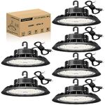 LED High Bay Light 200W 6 Pack, Wattage Selectable No Flicker UFO High Bay 0-10V Dimmable, 5' Cable with US Plug, Hanging Hook, Safe Rope, ETL Listed High Bay Shop Light for Warehouse Garage Barn Shop