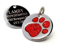 County Engraving Engraved 25mm Glitter Paw Print Dog Pet ID Tag Disc. (Red)