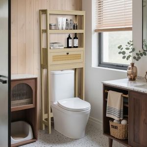 GORZING Over The Toilet Storage Cabinet, 3-Tier Behind Toilet Bathroom Organizer, Wooden Above Toilet Storage Shelf with Rattan Door, Space Saver for Restroom, Bathroom, Laundry