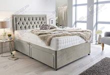 Sleep Factory's Luxury Divan Bed Set in Silver Plush with Chesterfield Bumper Headboard and Memory Sprung Mattress 5.0FT (King Size) 2 Drawers Footend