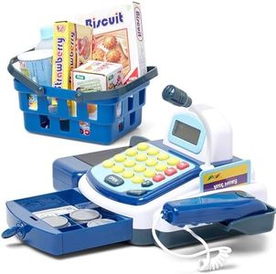 Prextex Pretend Play Electronic Toy Cash Register for Kids - Contains Play Coins, Paper Bills & Credit Card - Teaches Money and Number Calculation - Fun Toy Register for Kids - Blue