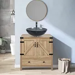 Puluomis Bathroom Vanity, 28-inch Modern Natural Color Wood Fixture Stand Pedestal Bathroom Cabinet with Bathroom Grey Glass Vessel Sink Top